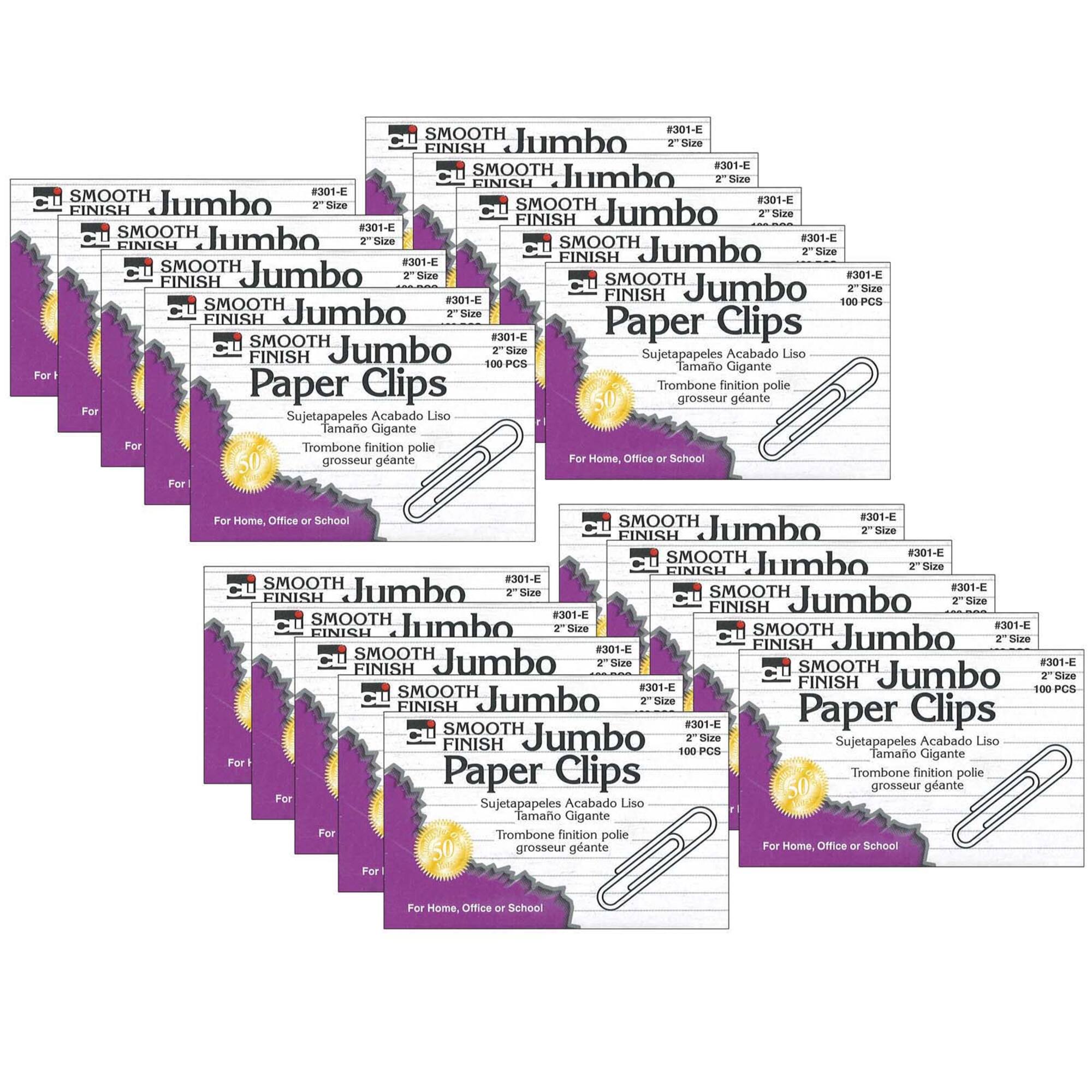 Charles Leonard 2" Silver Nickel Plated Jumbo Gem Paper Clips, 20 Packs of 100